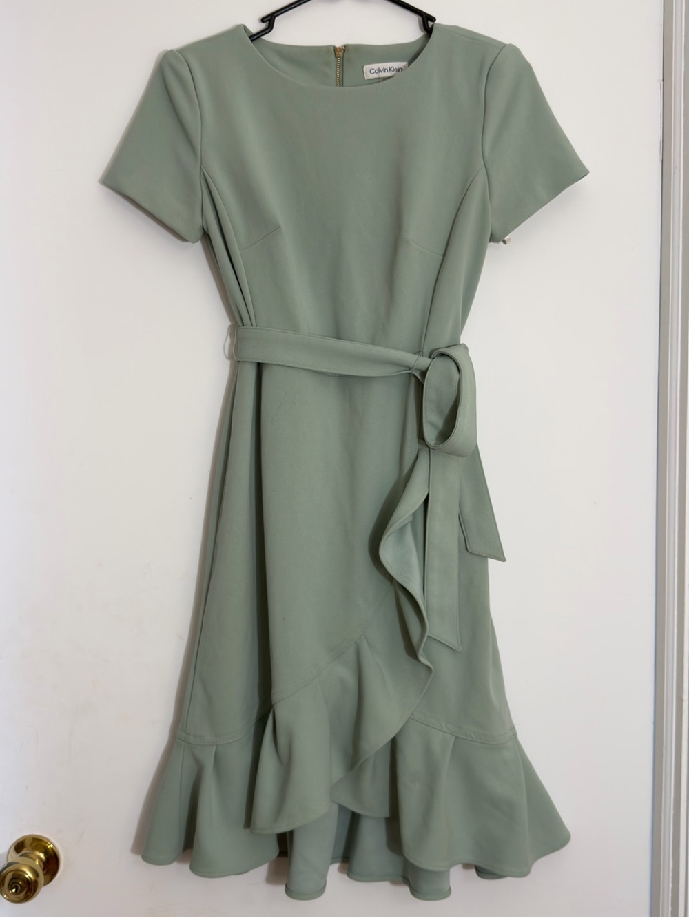 Calvin Klein Sage Green Ruffle Tie-Waist Dress